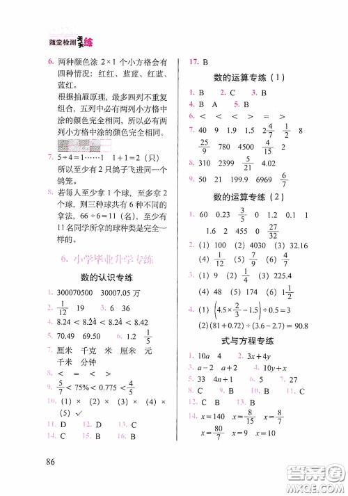 2020随堂检测天天练六年级数学下册人教版答案