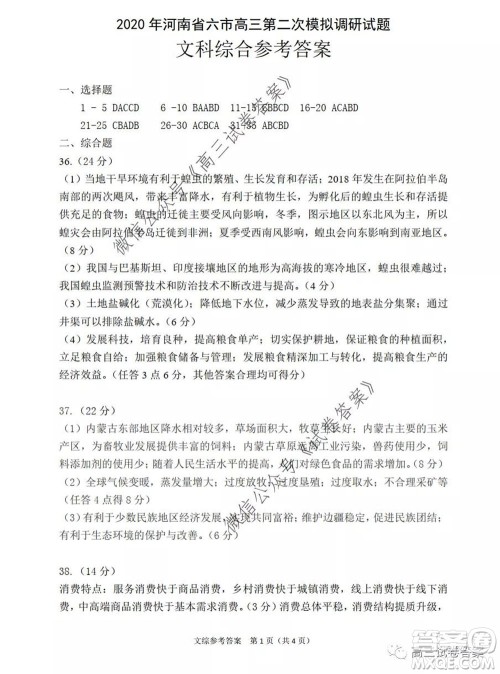 2020年河南省六市高三第二次联考文科综合试题及答案 2020年河南省六市高三第二次联考文科综合试题及答案