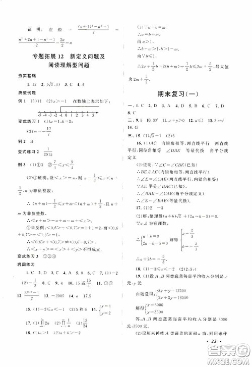 2020拓展与培优七年级数学下册人民教育教材适用答案 2020拓展与培优七年级数学下册人民教育教材适用答案