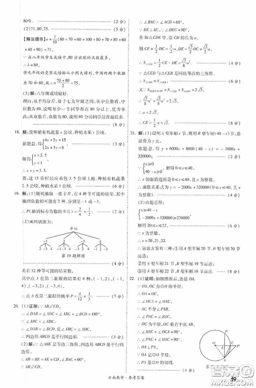 四川教育出版社2020一战成名中考真题与拓展训练数学云南版答案