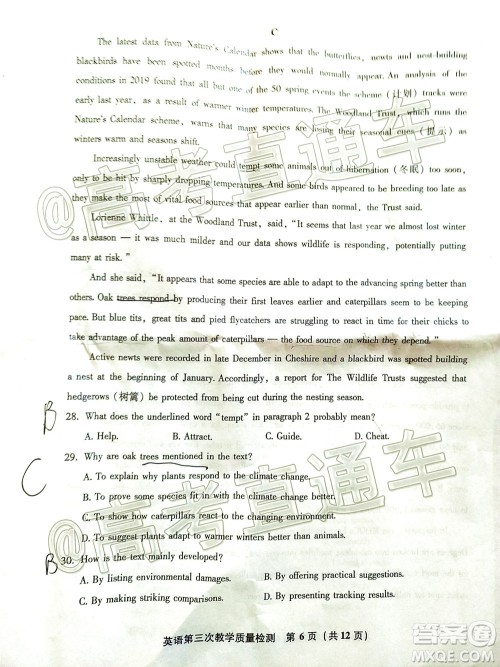 漳州市2020届高中毕业班第三次教学质量检测英语试题及答案 漳州市2020届高中毕业班第三次教学质量检测英语试题及答案