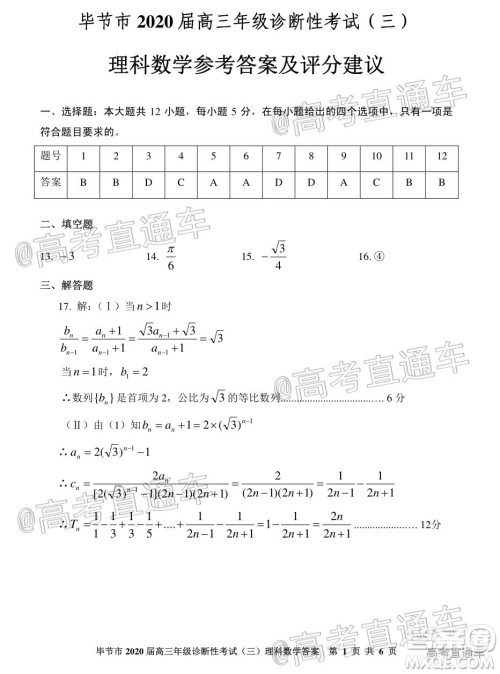 毕节市2020届高三年级诊断性考试三理科数学试题及答案