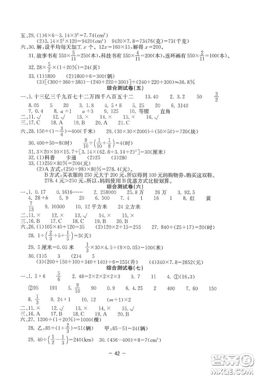 2020新课标小学毕业总复习综合测试卷数学西师大版答案