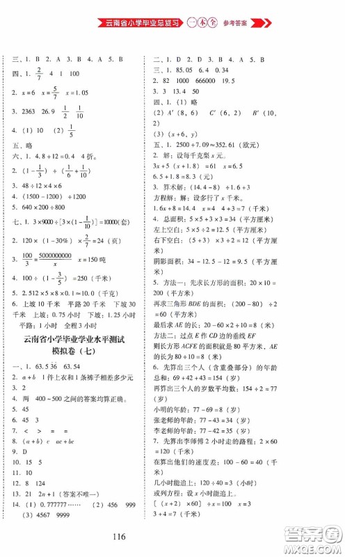 晨光出版社2020云南省小学毕业总复习一本全数学人教版答案