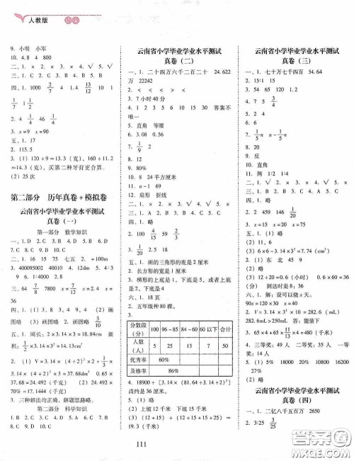 晨光出版社2020云南省小学毕业总复习一本全数学人教版答案