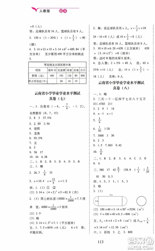 晨光出版社2020云南省小学毕业总复习一本全数学人教版答案