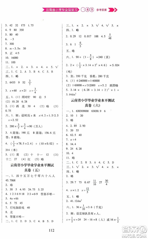 晨光出版社2020云南省小学毕业总复习一本全数学人教版答案