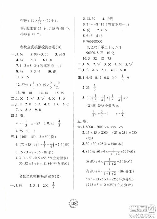 2020金博士闯关密卷100分六年级数学下册答案