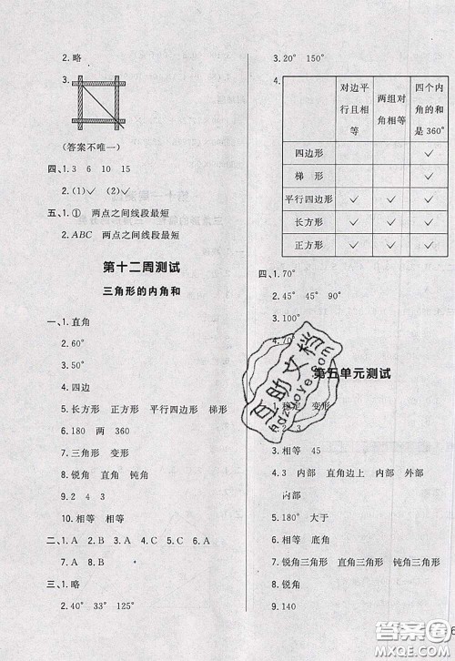 2020新版悦然好学生周周测四年级数学下册人教版答案