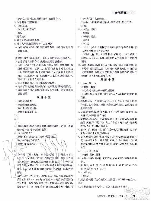 2020年日清周练限时提升卷语文七年级下册R人教版参考答案 2020年日清周练限时提升卷语文七年级下册R人教版参考答案