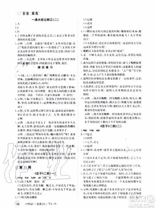 2020年日清周练限时提升卷语文八年级下册R人教版参考答案