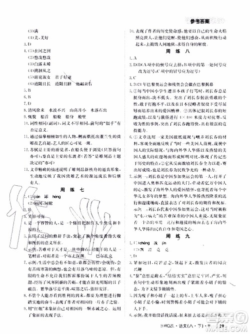 2020年日清周练限时提升卷语文八年级下册R人教版参考答案