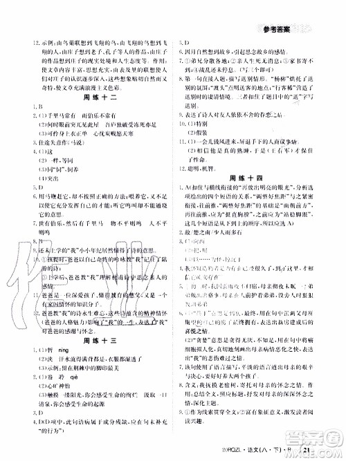 2020年日清周练限时提升卷语文八年级下册R人教版参考答案