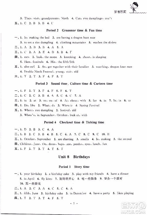 江苏人民出版社2020年创新课堂学与练英语五年级下册参考答案
