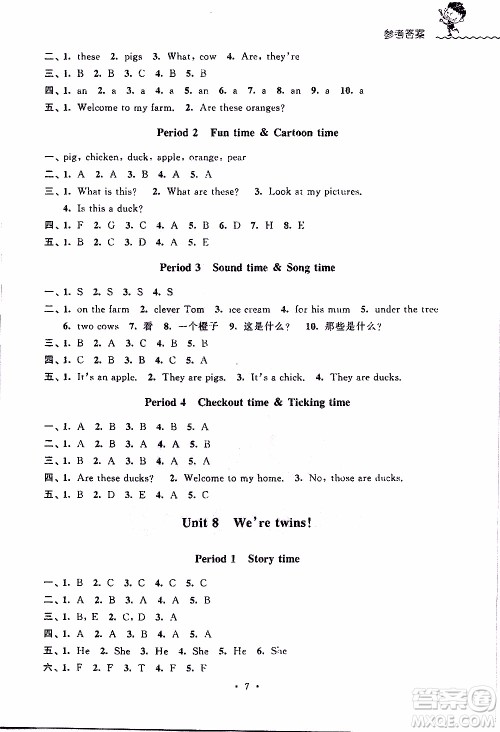 江苏人民出版社2020年创新课堂学与练英语三年级下册参考答案