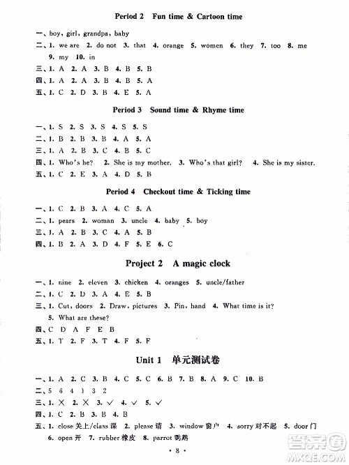 江苏人民出版社2020年创新课堂学与练英语三年级下册参考答案