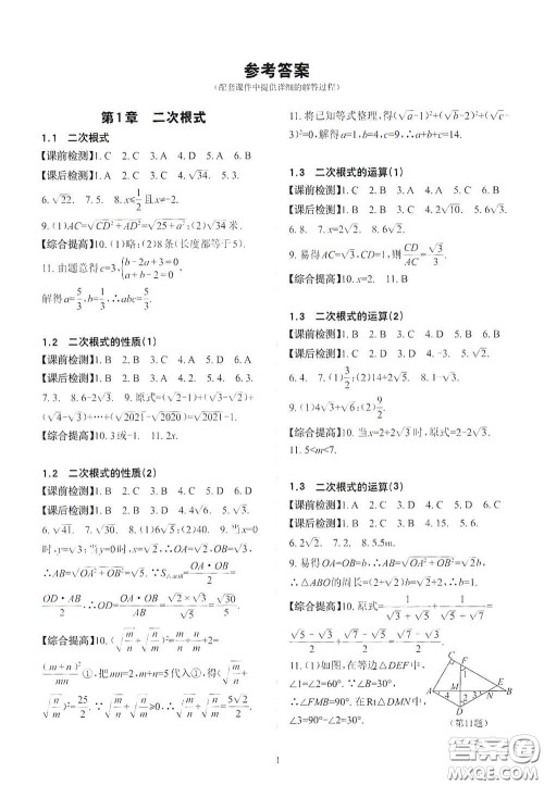 四川大学出版社2020课前课后快速检测八年级数学下册B版答案