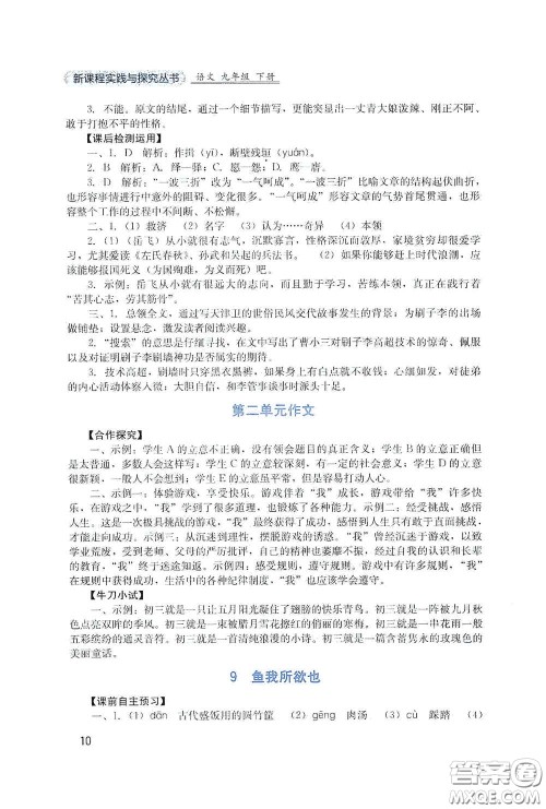 四川教育出版社2020新课程实践与探究丛书九年级语文下册人教版答案
