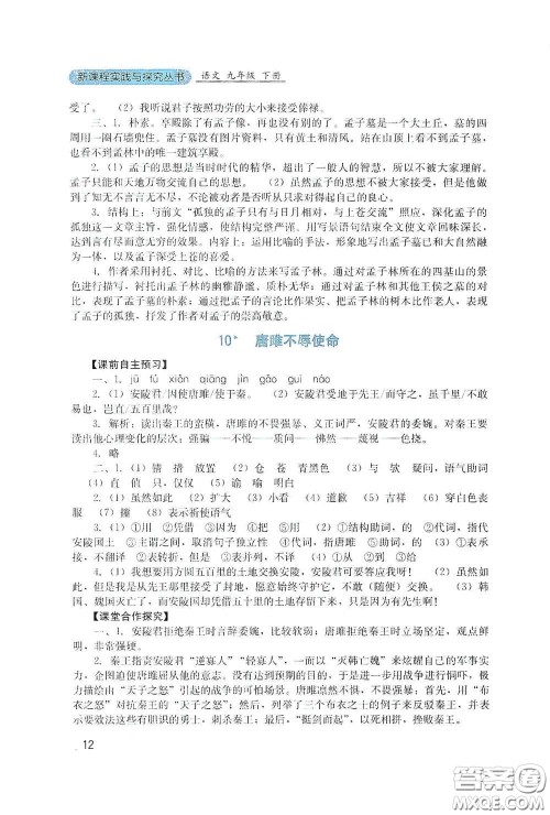 四川教育出版社2020新课程实践与探究丛书九年级语文下册人教版答案