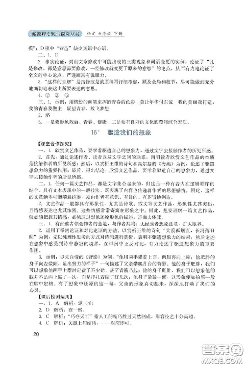 四川教育出版社2020新课程实践与探究丛书九年级语文下册人教版答案 四川教育出版社2020新课程实践与探究丛书九年级语文下册人教版答案