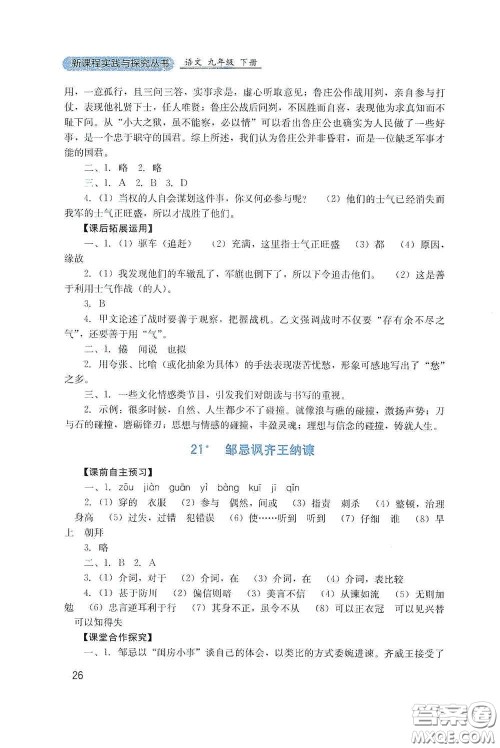 四川教育出版社2020新课程实践与探究丛书九年级语文下册人教版答案