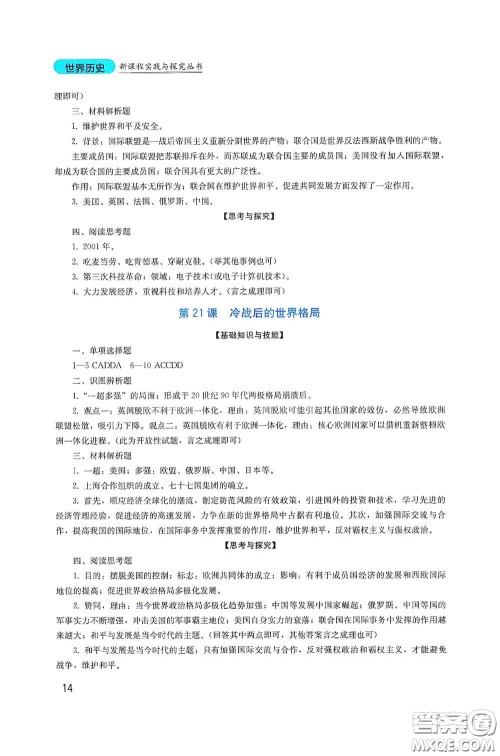 四川教育出版社2020新课程实践与探究丛书九年级历史下册人教版答案