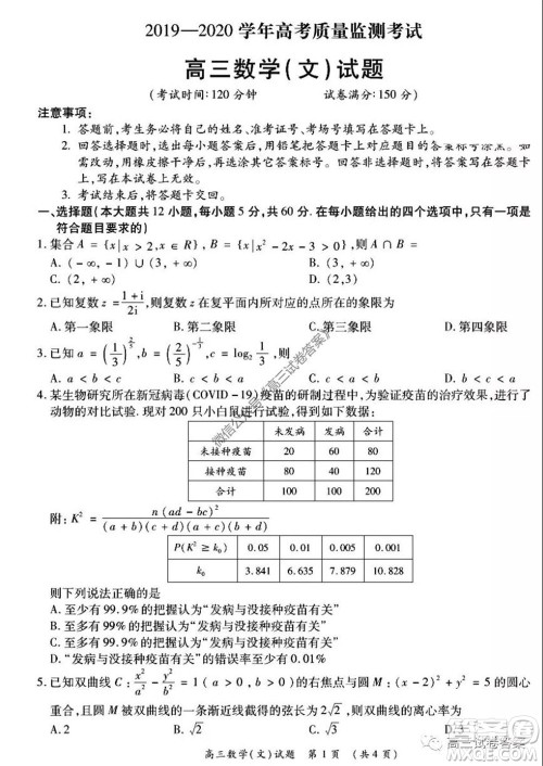 肇庆2019-2020学年高考质量监测考试高三文科数学试题及答案 肇庆2019-2020学年高考质量监测考试高三文科数学试题及答案