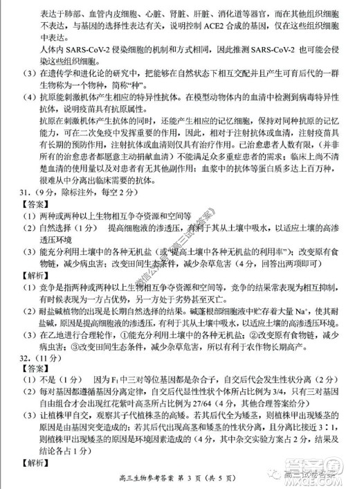 肇庆2019-2020学年高考质量监测考试高三理科综合试题及答案