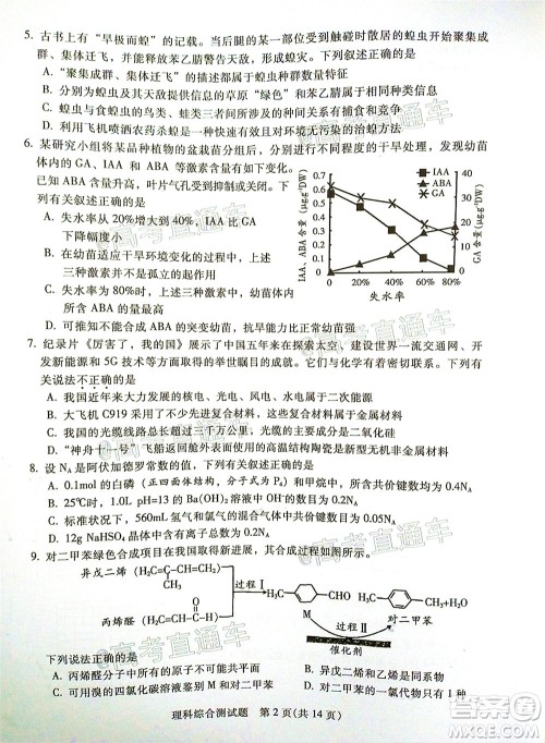 2020年韶关二模高三理科综合试题及答案