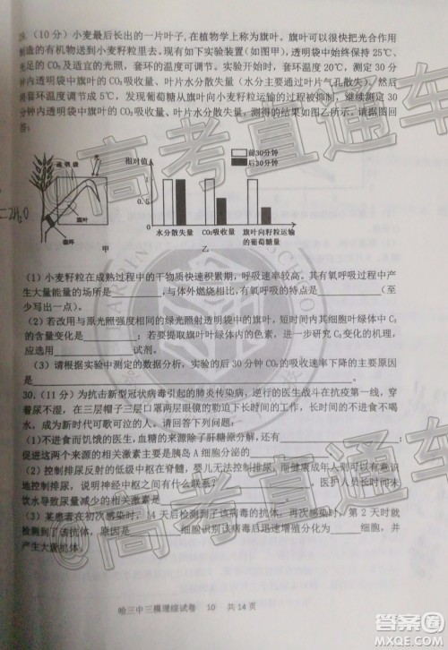 2020年哈三中三模高三理科综合试题及答案