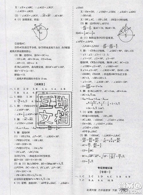 2020春聚能闯关100分期末复习冲刺卷九年级数学下册北师版答案