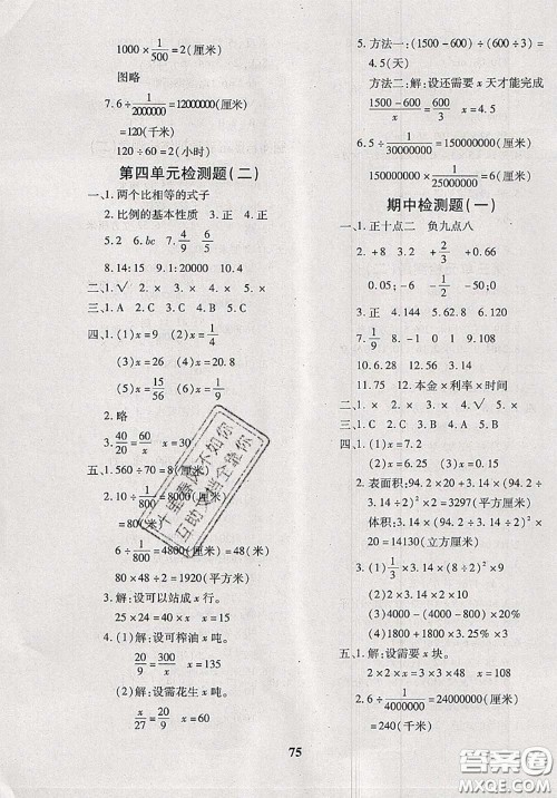 2020新版黄冈360度定制密卷六年级数学下册人教版答案