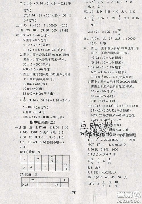 2020新版黄冈360度定制密卷六年级数学下册北师版答案