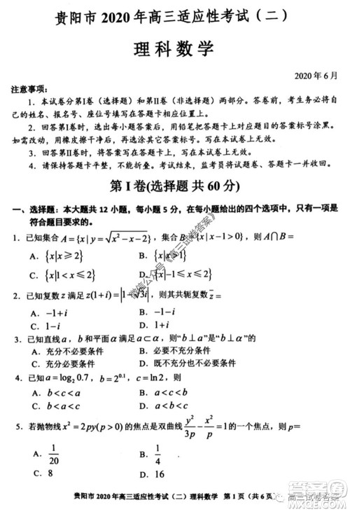 贵阳市2020年高三适应性考试二理科数学试题及答案 贵阳市2020年高三适应性考试二理科数学试题及答案
