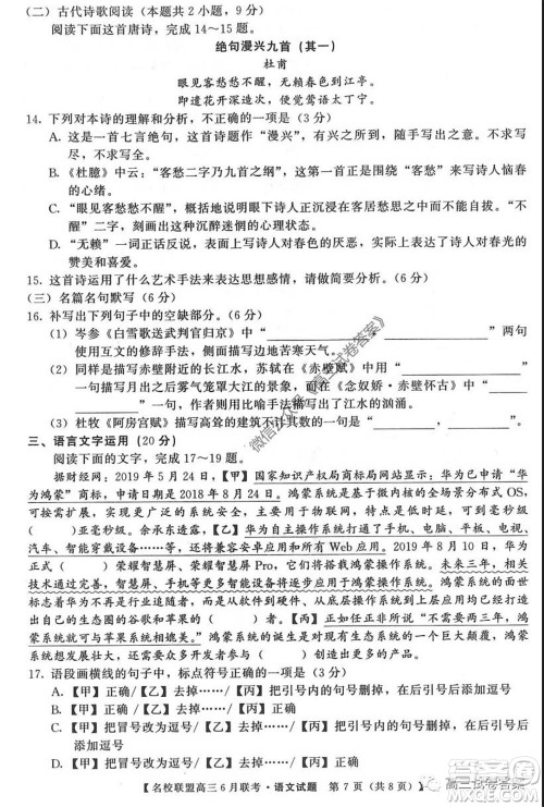 河南省名校联盟2020届高三下学期6月联考语文试题及答案 河南省名校联盟2020届高三下学期6月联考语文试题及答案