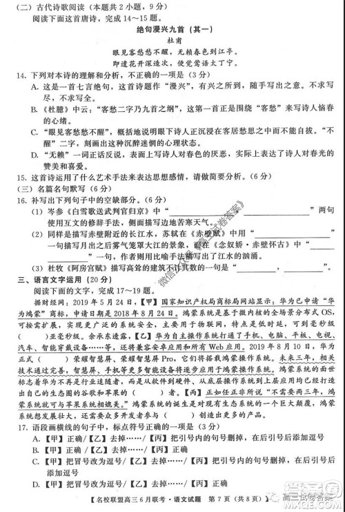 河南省名校联盟2020届高三下学期6月联考语文试题及答案