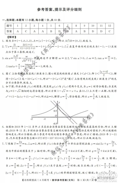 河南省名校联盟2020届高三下学期6月联考文科数学试题及答案 河南省名校联盟2020届高三下学期6月联考文科数学试题及答案