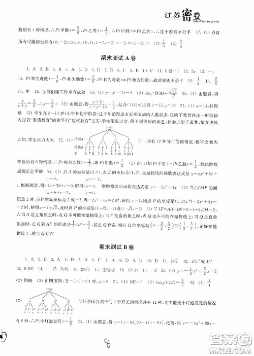 东南大学出版社2020江苏密卷九年级数学下册江苏版答案
