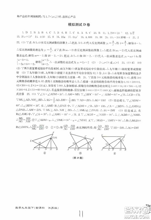 东南大学出版社2020江苏密卷九年级数学下册江苏版答案