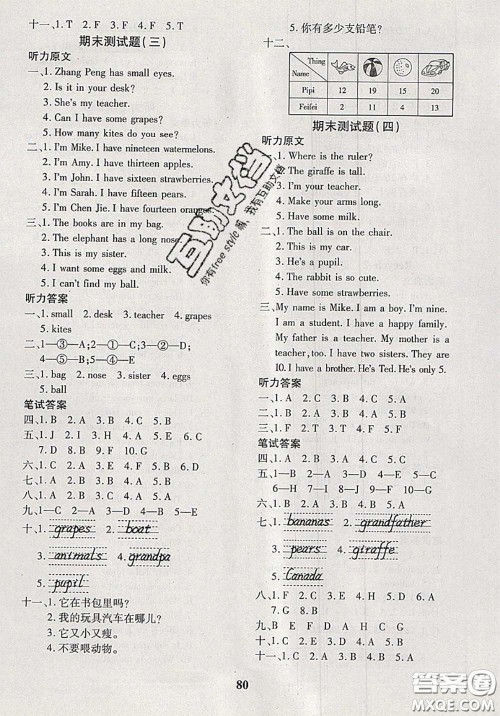 2020新版黄冈360度定制密卷三年级英语下册人教版答案