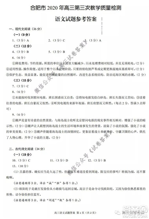 合肥市2020高三第三次教学质量检测语文试题及答案