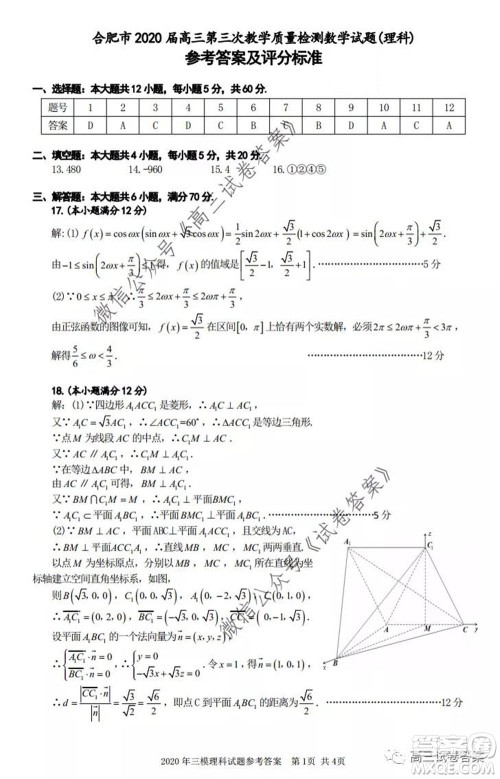 合肥市2020高三第三次教学质量检测理科数学试题及答案