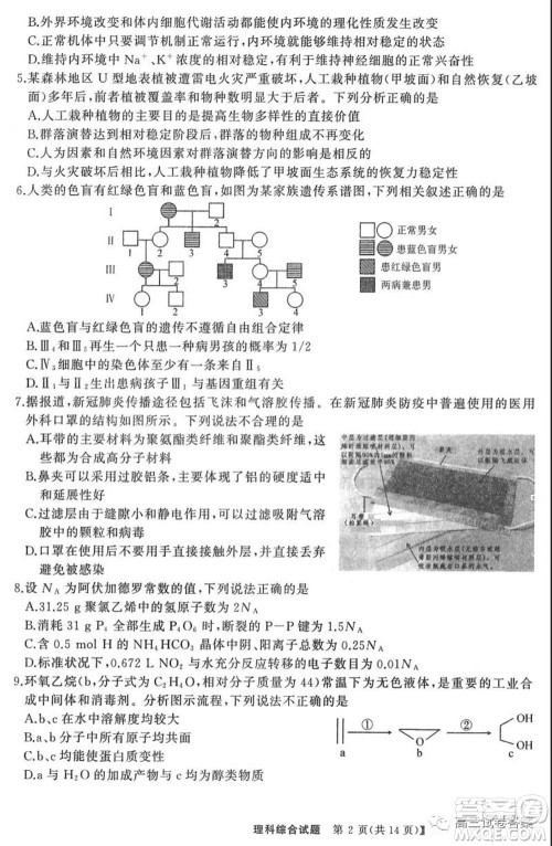 河南省名校联盟2020届高三下学期6月联考理科综合试题及答案