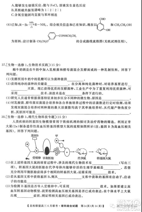 河南省名校联盟2020届高三下学期6月联考理科综合试题及答案