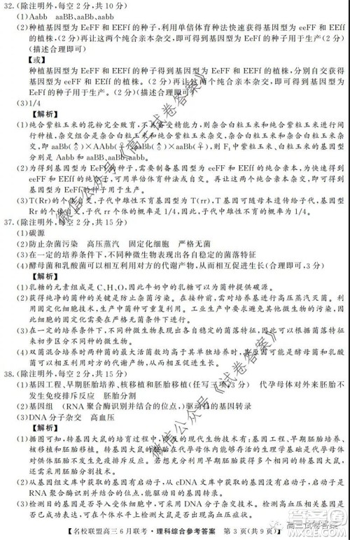 河南省名校联盟2020届高三下学期6月联考理科综合试题及答案