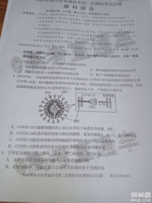 2020年汕头市普通高考第二次模拟考试理科综合试题及答案