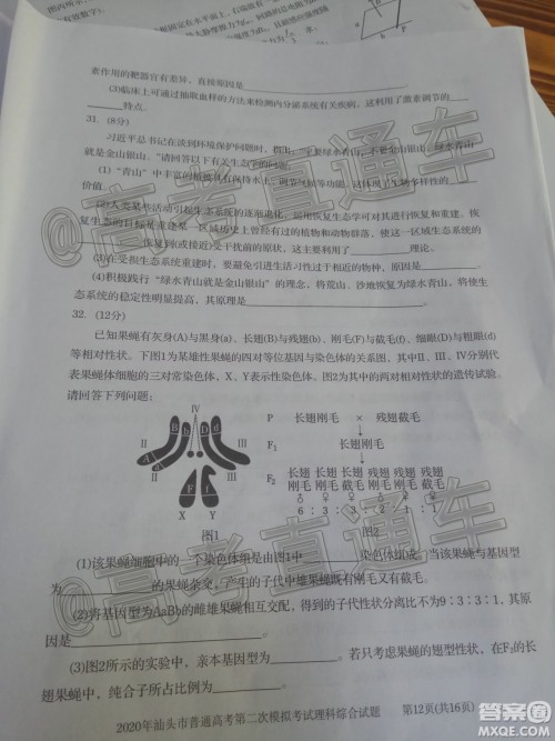 2020年汕头市普通高考第二次模拟考试理科综合试题及答案 2020年汕头市普通高考第二次模拟考试理科综合试题及答案