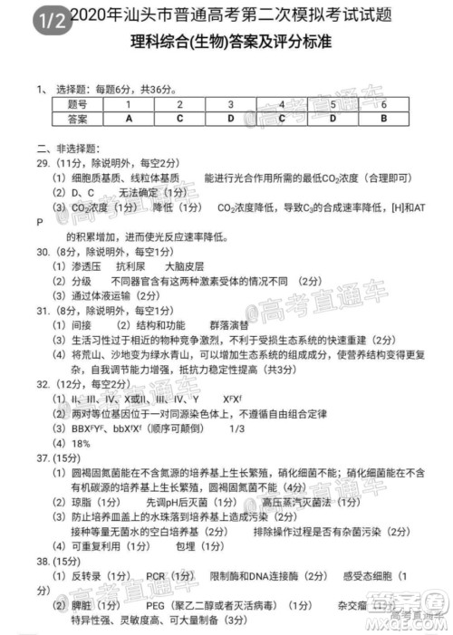 2020年汕头市普通高考第二次模拟考试理科综合试题及答案