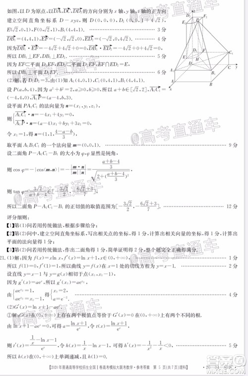 2020年金太阳全国一卷高考模拟大联考理科数学试题及答案