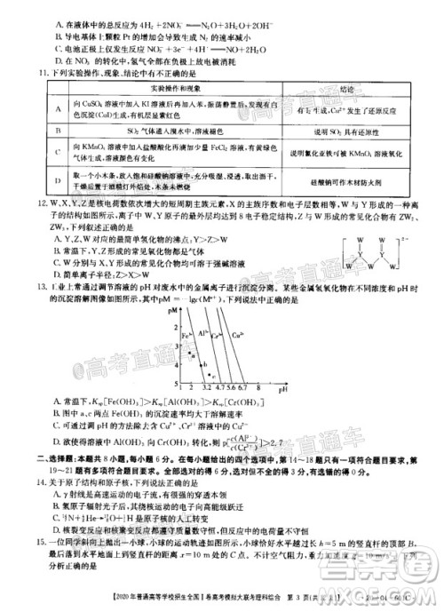 2020年金太阳全国一卷高考模拟大联考理科综合试题及答案